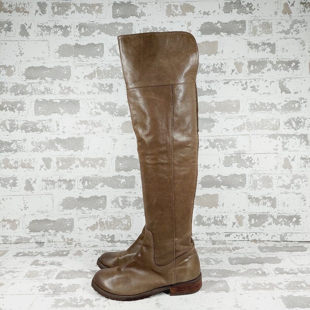 BP Brown Leather Side Zip Round Toe Low Heel Over the Knee Boots A768